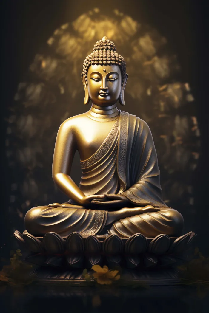 Golden statue of Lord Buddha sitting in meditation pose on a lotus base with a soft glowing halo behind. | PrintPosters.in